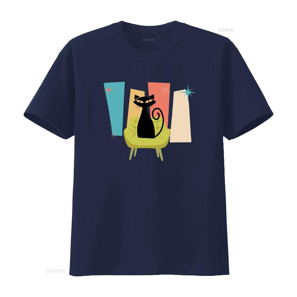 Mid Century Modern Atomic Cat T Shirt Vintage Vintage Streetwear Versatile Top For Everyday Wear Stretched Homme