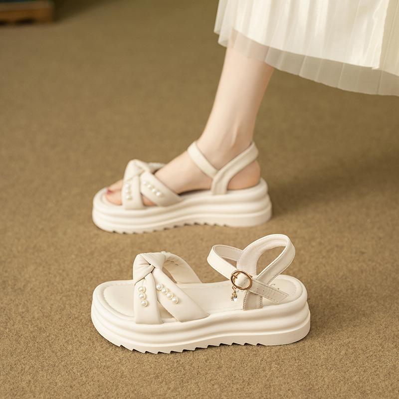 Thick-soled Bow-tie Sandals Female Summer New Fairy Wind Pearl One-word Buckle with Muffin Beach Sandals