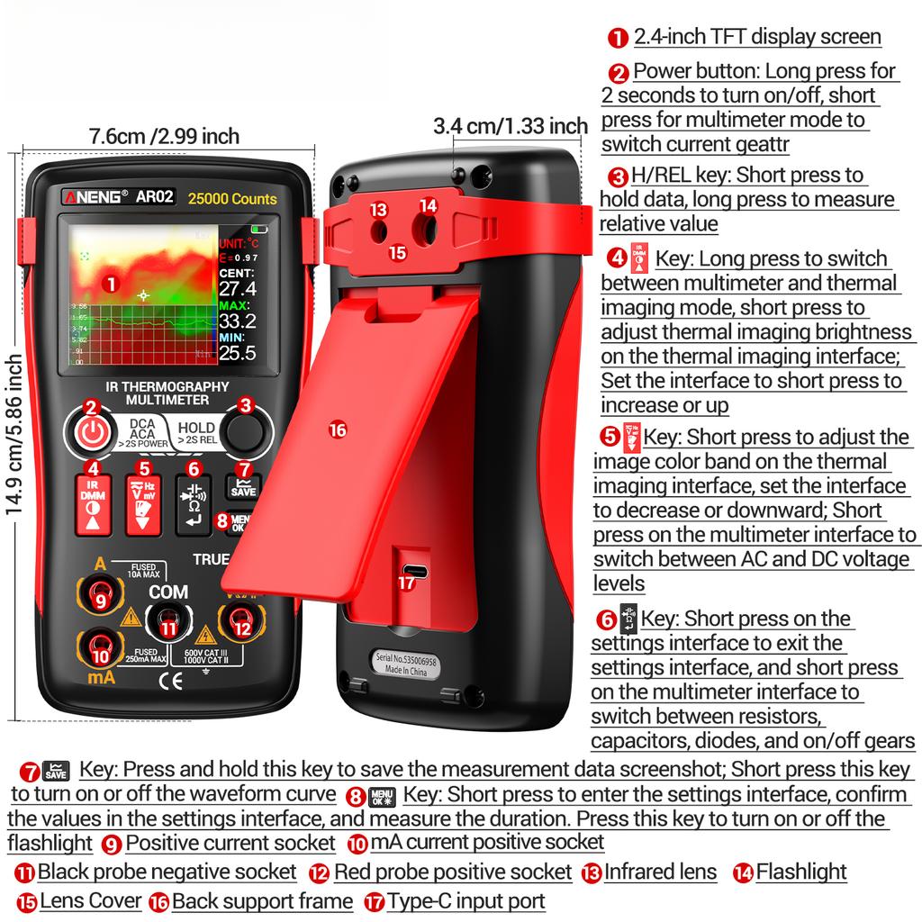 2026 ANENG AR02 2in1 Integrated Thermal Multimeter High Precision 240x240 IR Resolution for HVAC and Floor Heating Diagnostics Electrician Repair Tool