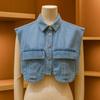 Patchwork Cropped Denim Shirt with Large Pocket Loose Denim Shirts  Commuting Tops
