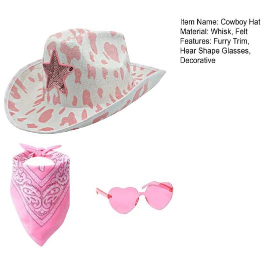 3 шт./компл. ковбойская шляпа, женская розовая фетровая шляпа в стиле вестерн, ковбойская шляпа с банданой, очки, аксессуары, головной убор