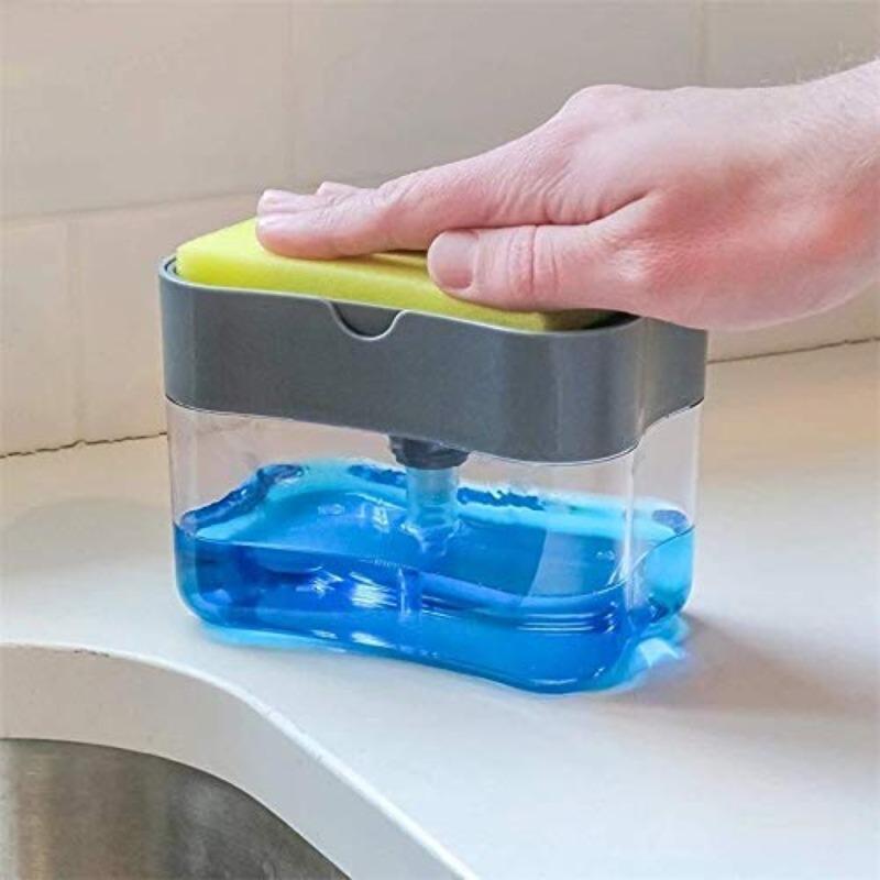 2 In 1 Soap Pump Dispenser for Dishwasher Liquid,Soap, Sponge Holder (385ml) Free Sponge