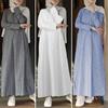 Women Long Sleeve Muslim Islamic Dress Casual Striped Kaftan Dress