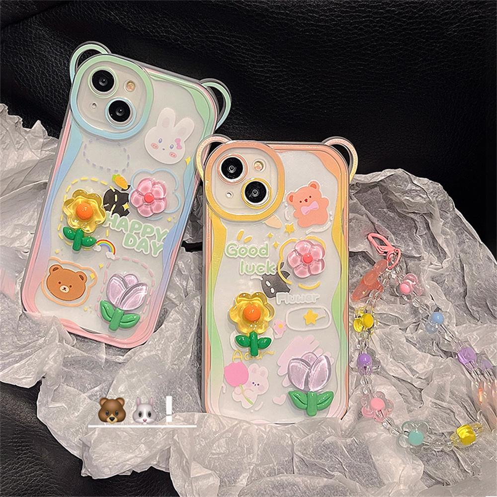 Cute Bear Rabbit 3d Flower Phone Chains Clear Soft Phone Case For Iphone 14 12 11 13 Pro Max Xs Max 7 8 Plus Protective Cover