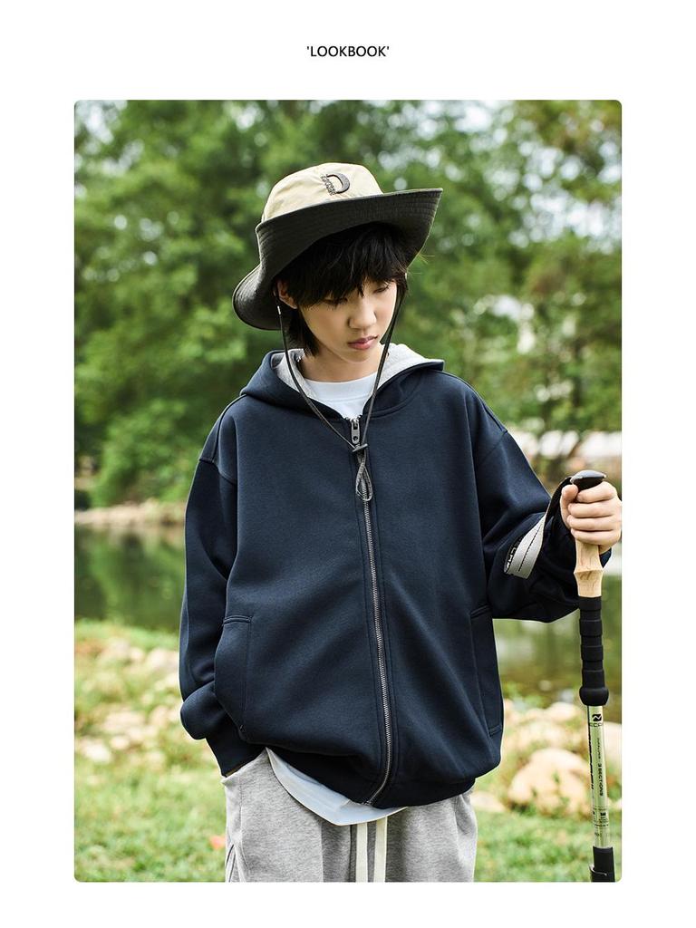 Men's Blue & Gray Zipper Hoodie Cardigan - Medium to Large