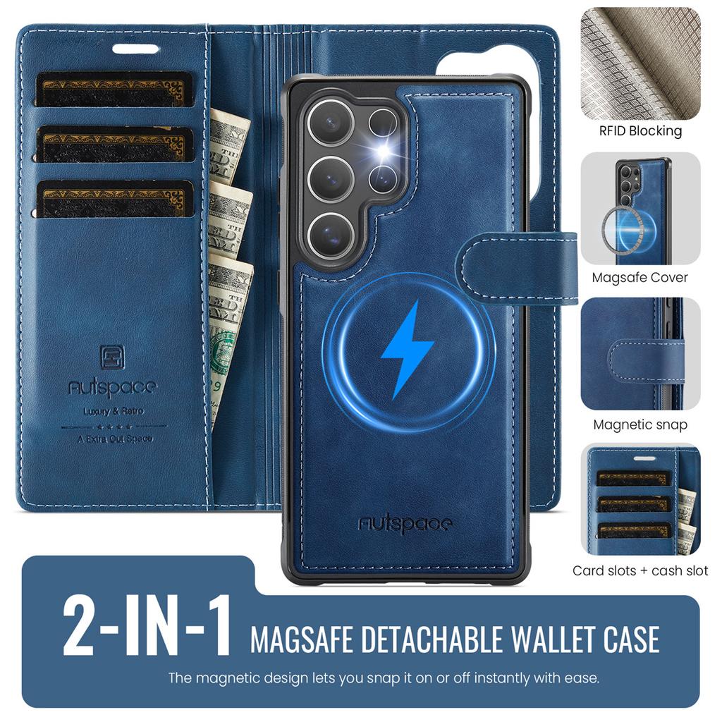 2-in-1 Magnetic Detachable Wallet Case for Samsung Galaxy S25/S25 Plus/S25 Ultra/S25 Edge - PU Leather, Card Slots, Wireless Charging, 360° Protection