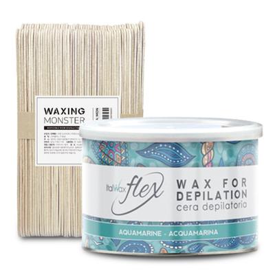 Italwax Мягкий Флекс в Банке Аквамарин для Больших Зон + Лопатка для Депиляции Монстр L 400 мл 100 шт