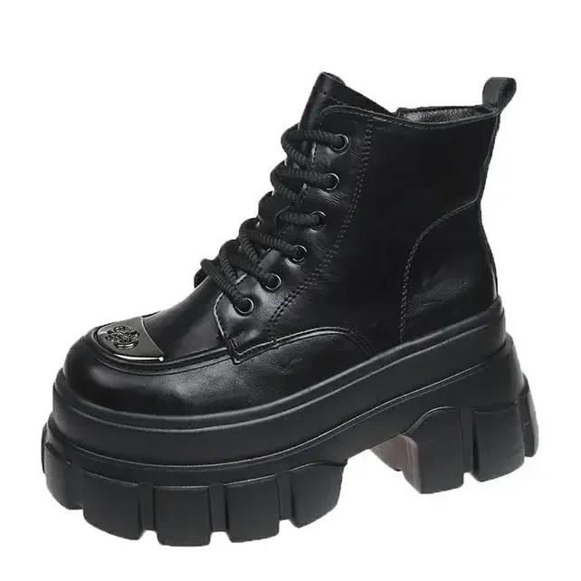 Модные женские кожаные ботильоны 9 см Новые 2024 Осень Зима Плюшевые Теплые Массивные Ботильоны Клиновидные Каблуки Мотоциклетные Ботинки Молния Черные Меховые Туфли