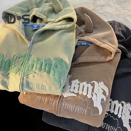 Женская осенне-зимняя куртка на молнии с капюшоном с буквенным узором Свободная толстая с длинным рукавом Теплый роговой декор Карманы Эластичные манжеты Женская куртка средней длины