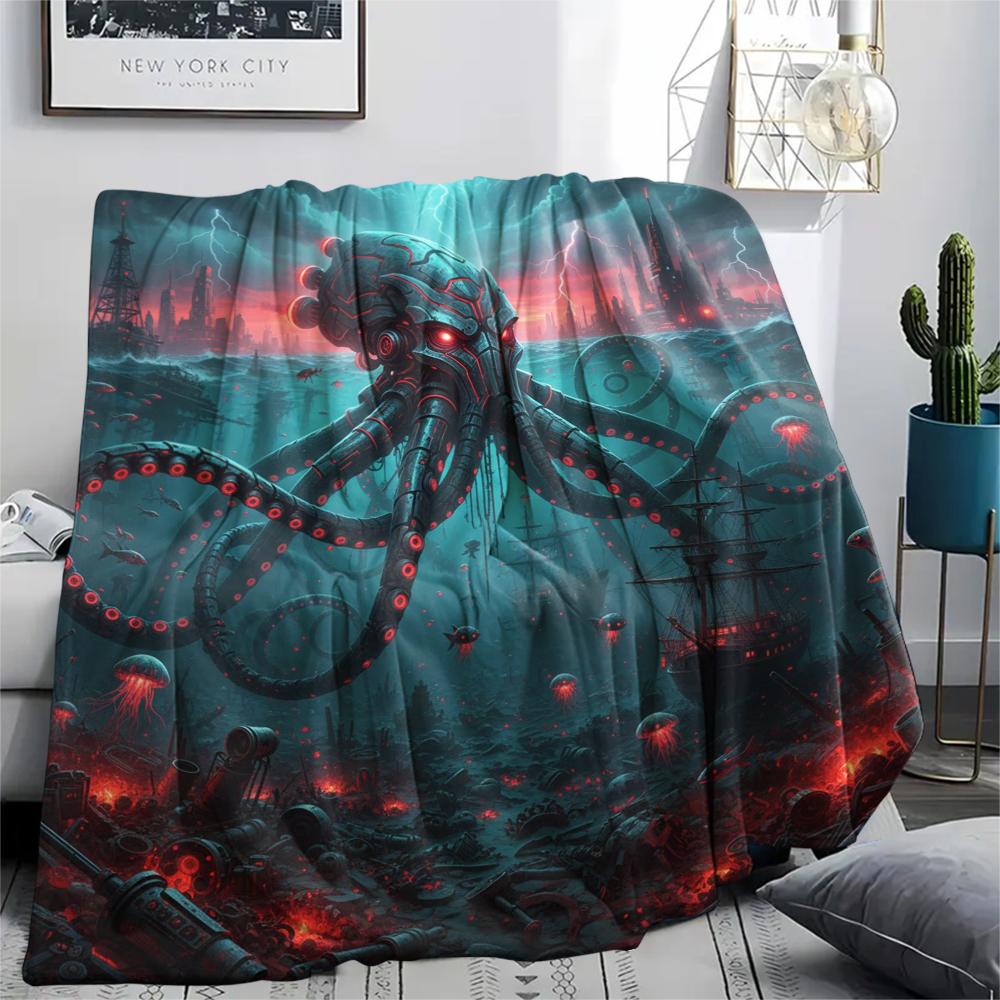 Red mechanical squid seahorse Print Flannel Blanket,High quality Comfortable for All Seasons,Home Decor,Warmth and Comfort,Perfect for Christmas Gifts