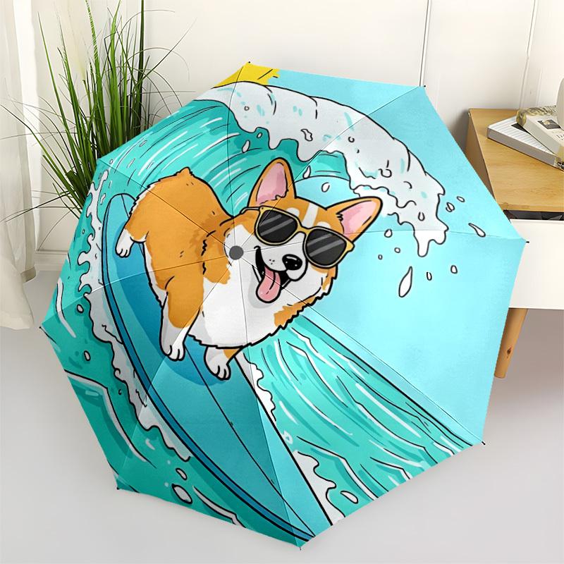 1pc Surfing Corgi Automatic Folding Umbrella - 8-Rib Durable Iron Frame, Compact Portable for Daily Travel yy251205040