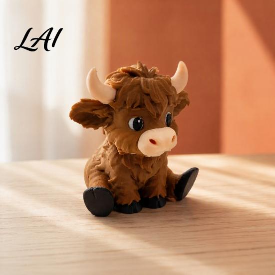 Highland Cow Figurines 3D Printed Figurines Cartoon Sitting Sculpture Cute Animal Fun Gifts Ornament for Desk Decoration Creative Desktop
