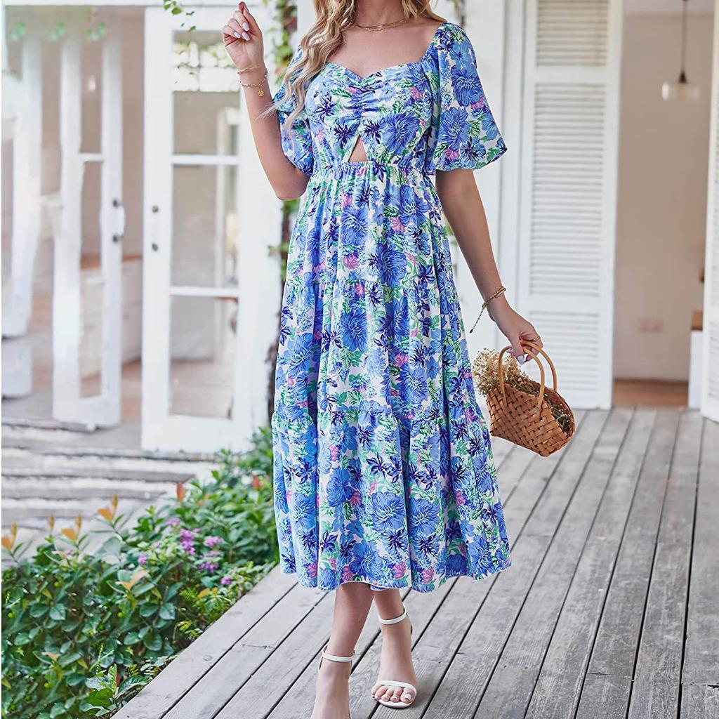 Женское модное платье с квадратным воротником и цветочным принтом, высокой талией, полым пузырем и короткими рукавами, плиссированное платье с принтом сзади