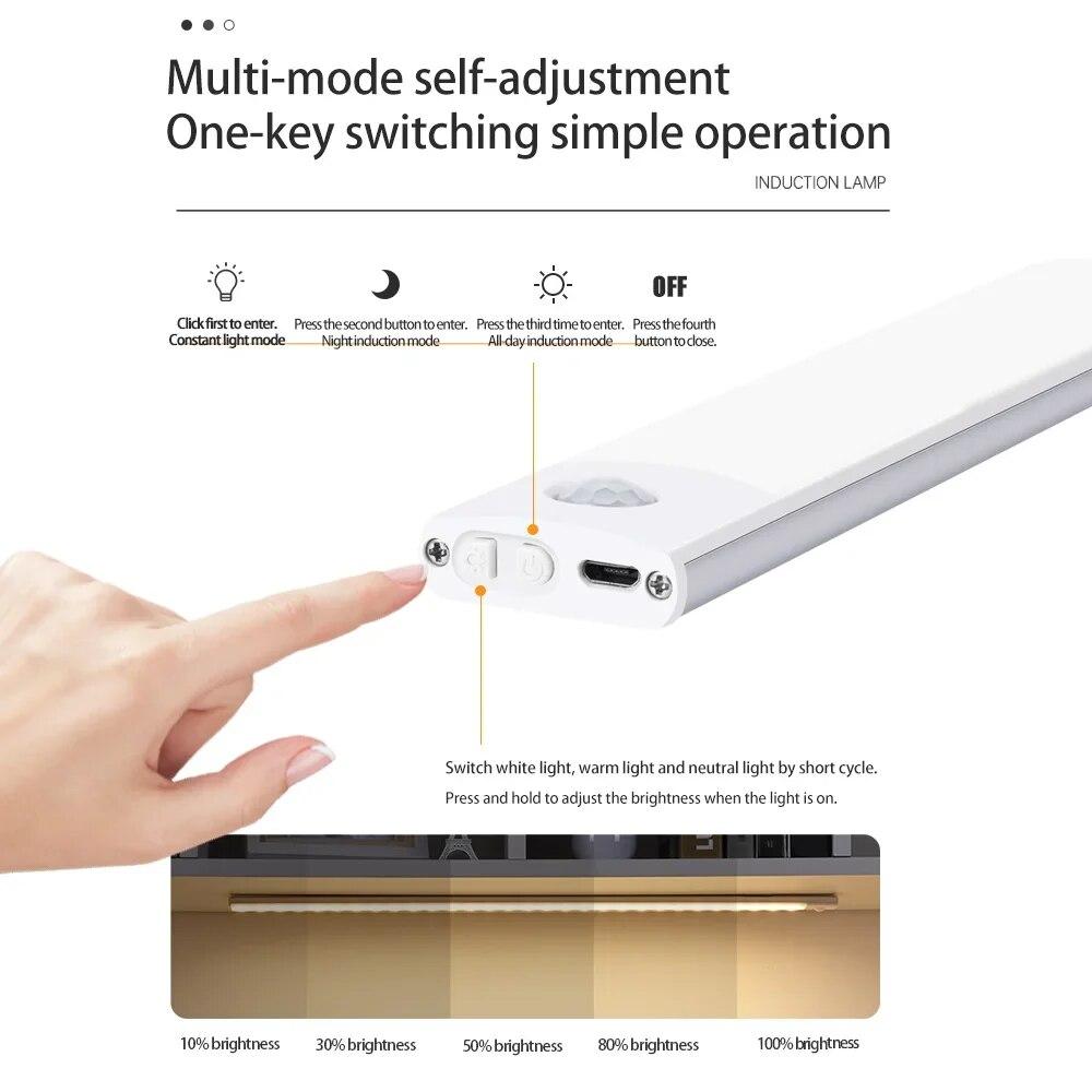 Светодиодная лампа для шкафа USB Type-C, перезаряжаемая, с датчиком движения, светодиодная лампа для кухонного шкафа, освещение шкафа 20 см/30 см/40 см/50 см/60 см