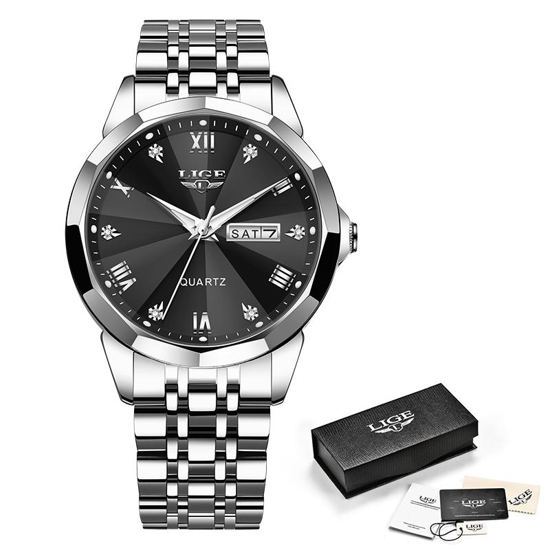 LIGE Новые мужские модные часы, роскошные деловые кварцевые часы из нержавеющей стали, водонепроницаемые часы, ночное свечение, дата, хронометр, часы