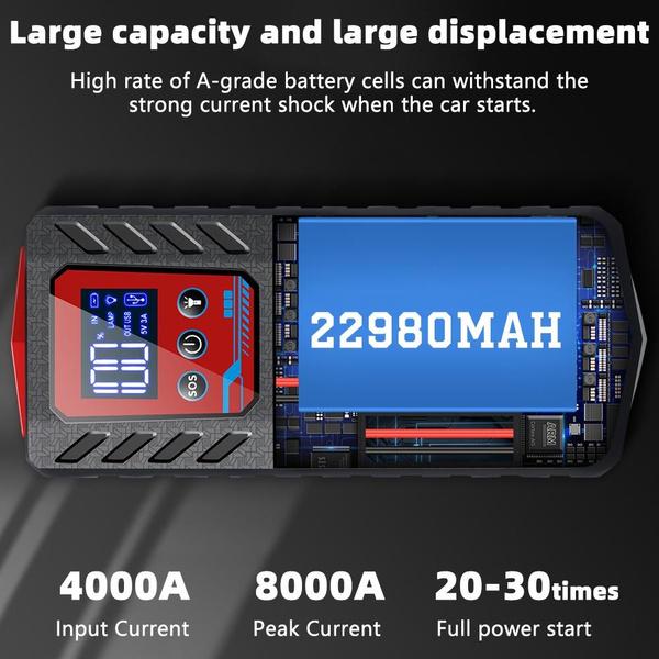 Стартер, пиковый ток 3000 А, 10 000 мАч, автомобильный аккумулятор, стартер до 6,0 л бензина, аккумуляторный блок стартера 12 В, портативный стартер со светодиодной подсветкой