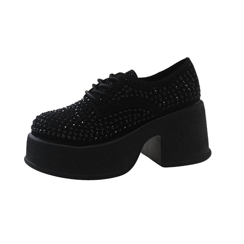 2024 Новый стиль Модные туфли на платформе Высокие весенние черные женские туфлиКроссовки на платформе Tide Shine Bling Rhinestone Shoes