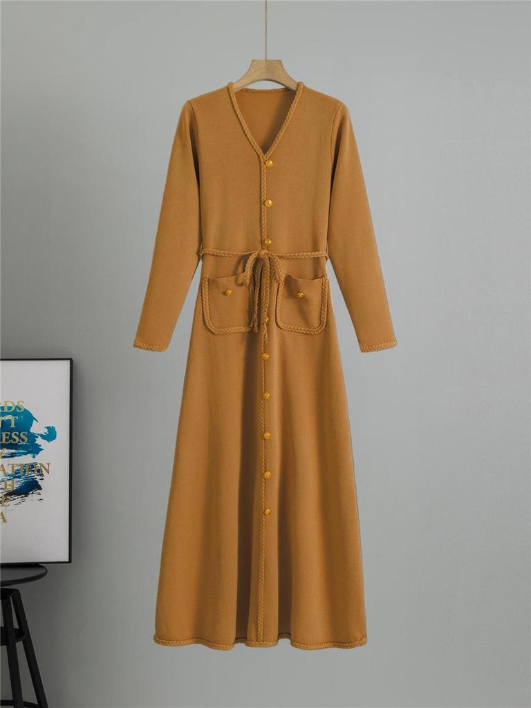 French Knitted A-line Dress & Matching Coat - Women's Slimming Autumn/Winter Woolen Base Layer