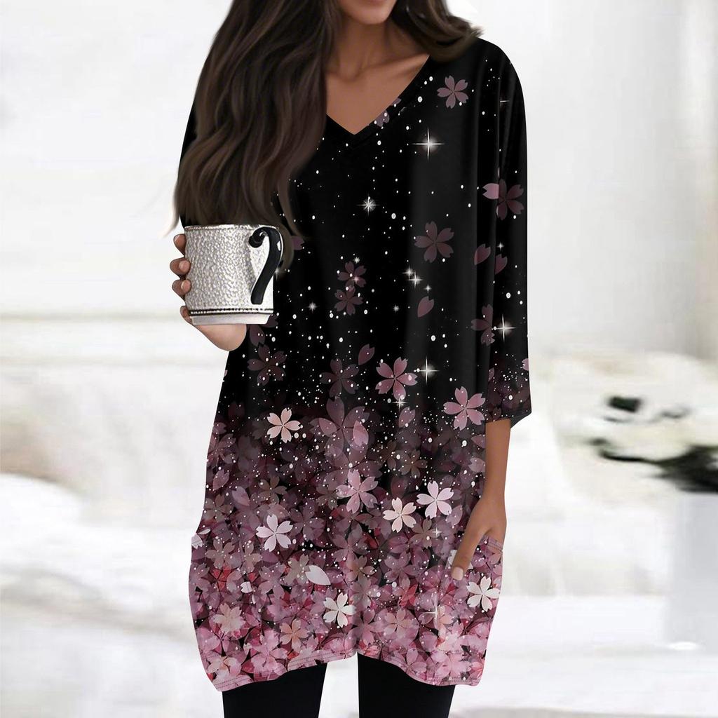 Womens Tops V-neck 3/4 Sleeve Blouses Casual Mid-length Shirts Fashion Print Tunic Tops With Pockets