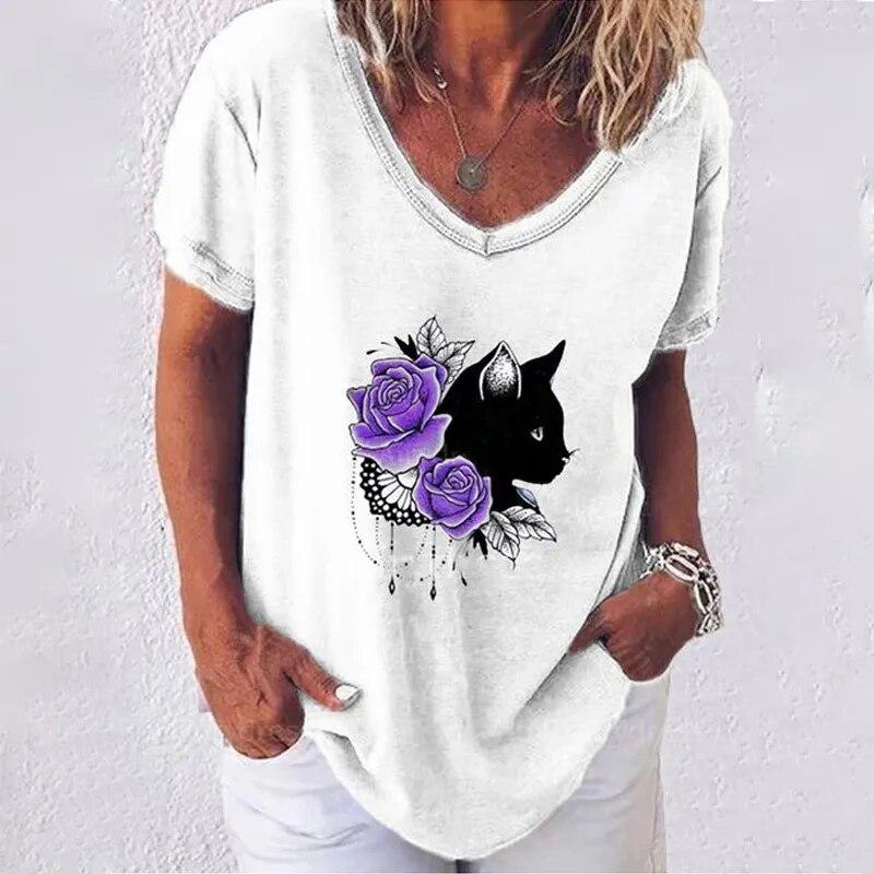 Fashion Woman Blouses T-shirt Women's 3d Cats Print Black Kawaii V-neck T Shirt Female Clothing Oversized Summer Tops Tees