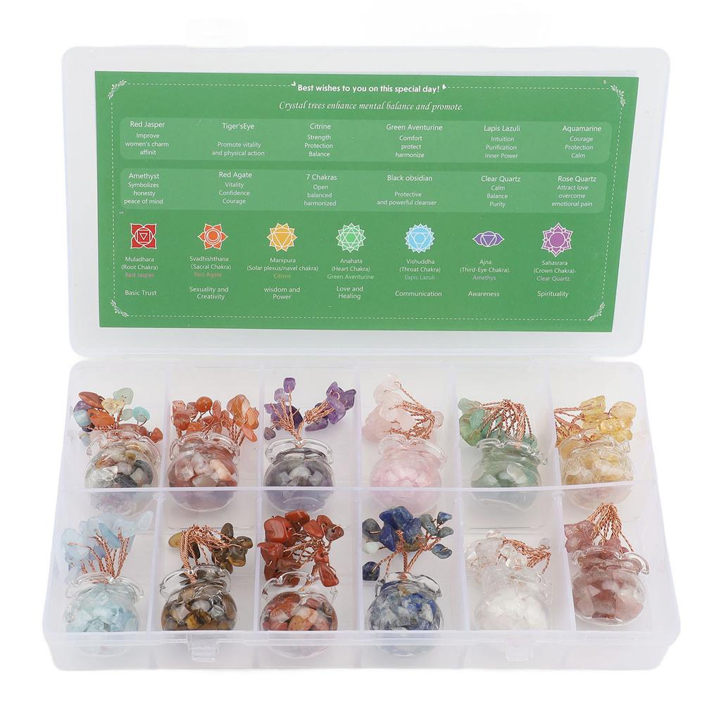 12PCS Mini Tree Figurine Crystal Leaves Glass Bowl Feng Shui Tree Ornament for Home Car Office Desk