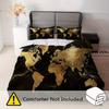 3Pcs Black Golden World Map Duvet Cover Set, Luxury Polyester Bedding with Pillowcases, Zipper Closure All Season for Modern Bed