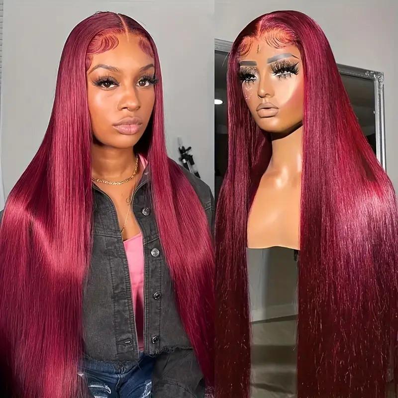Wine Red Lace Front Wig With Trim Long Straight Synthetic Hairpiece Women Heat Resistant Fiber Natural Look