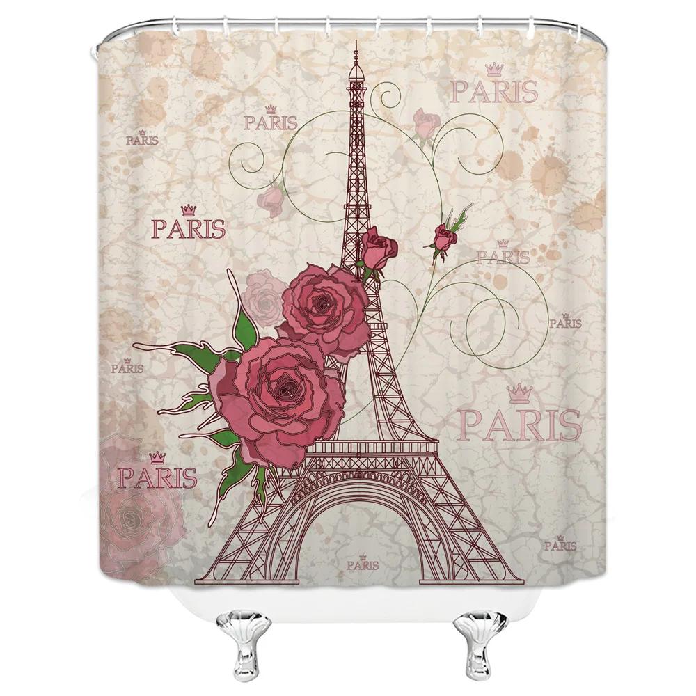 Eiffel Tower Paris Scenery Shower Curtain Vintage Scenery Cherry Blossom Butterfly Polyester Fabric Bath Curtains Bathroom Decor