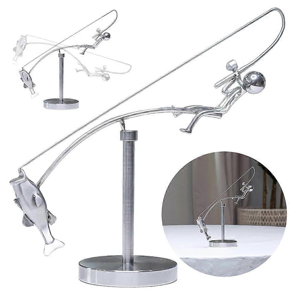 Kinetic Fisherman Balancing Sculpture - Home Office Desktop Ornament Decor, Stress Relief Gift for Men for Angler Fishing Lovers