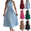 Women's Fashion Retro Solid Color Sleeveless Waist Pleated Skirt Stand Collar Pullover Dress