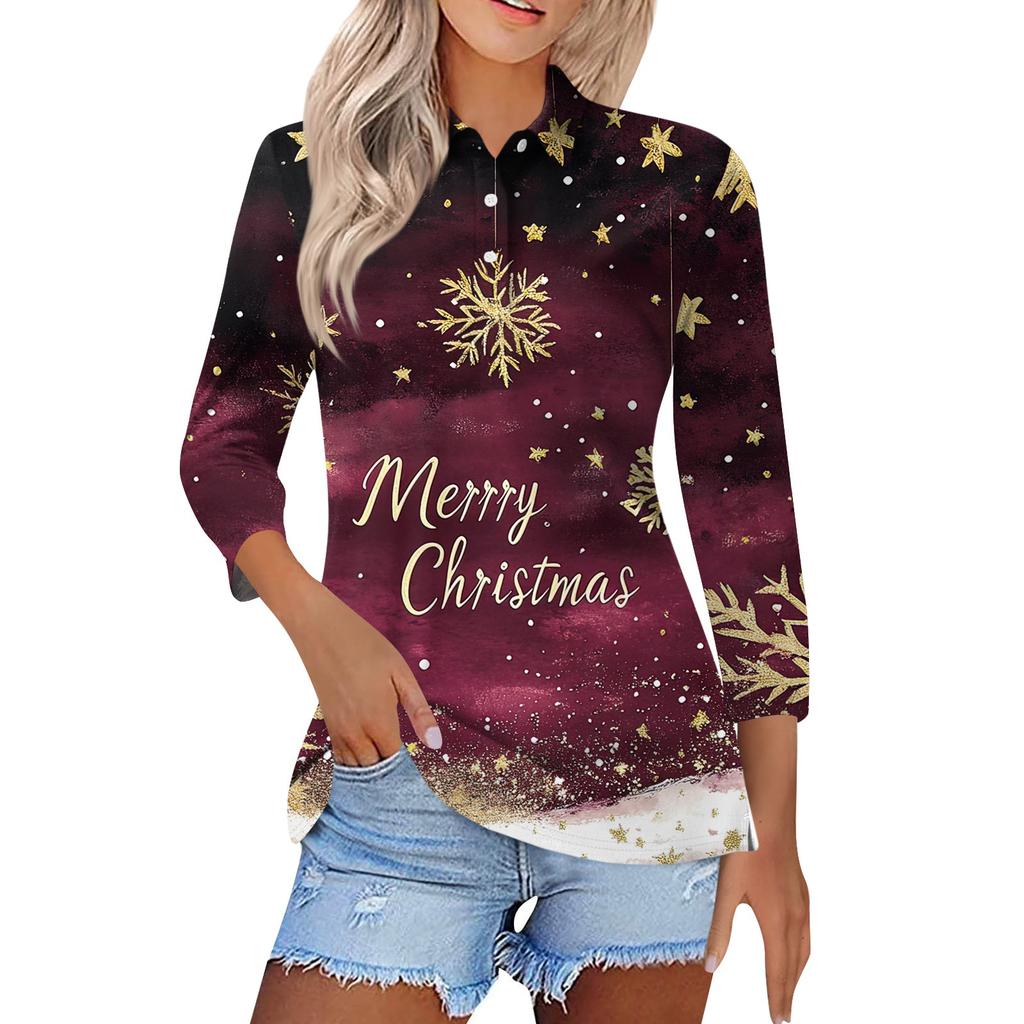 Women's Fashion Casual Lapel Short 3/4 Sleeve Christmas Print Shirt Women's Button Up Tops