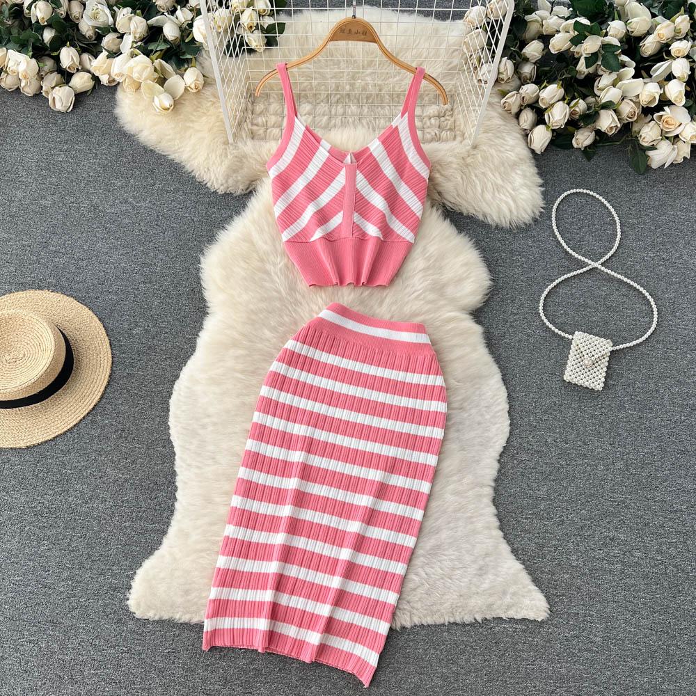 Топ-майка, костюм-двойка, женская летняя юбка средней длины с высокой талией, вязаная