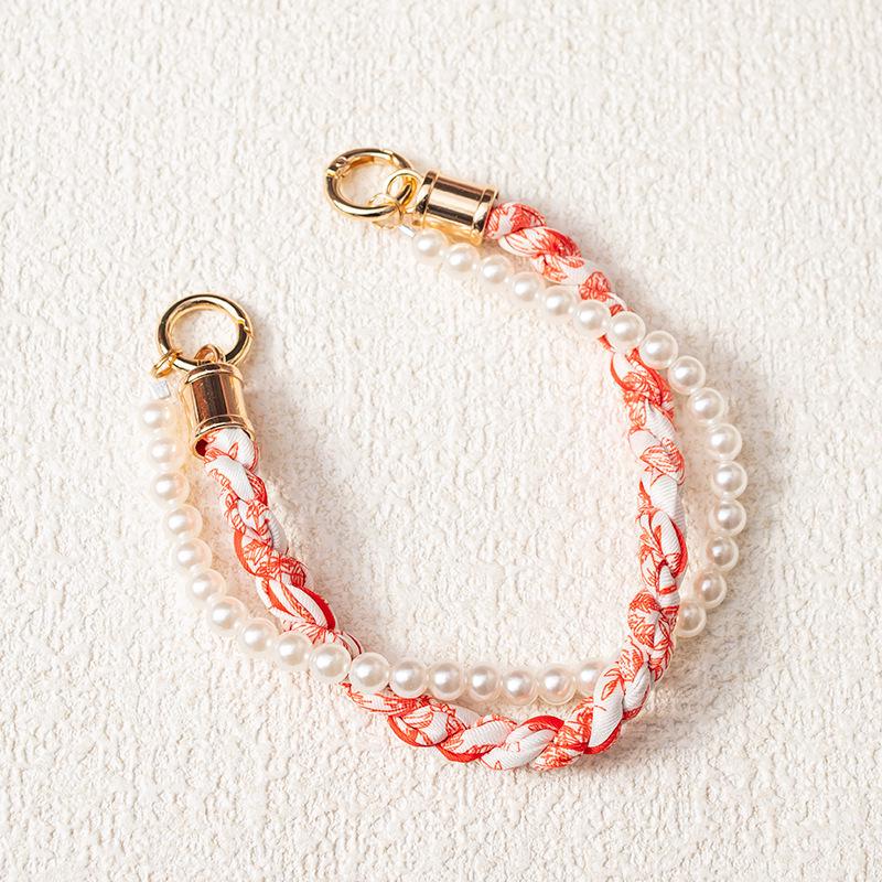 Douyin-Style Pearl Phone Lanyard with Silk Scarf Strap & Pendant