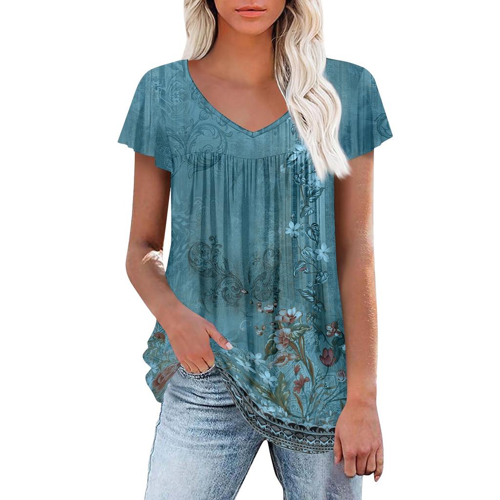 Женские туники, элегантные повседневные летние рубашки с коротким рукавом, цветочные свободные плиссированные топы в стиле бохо