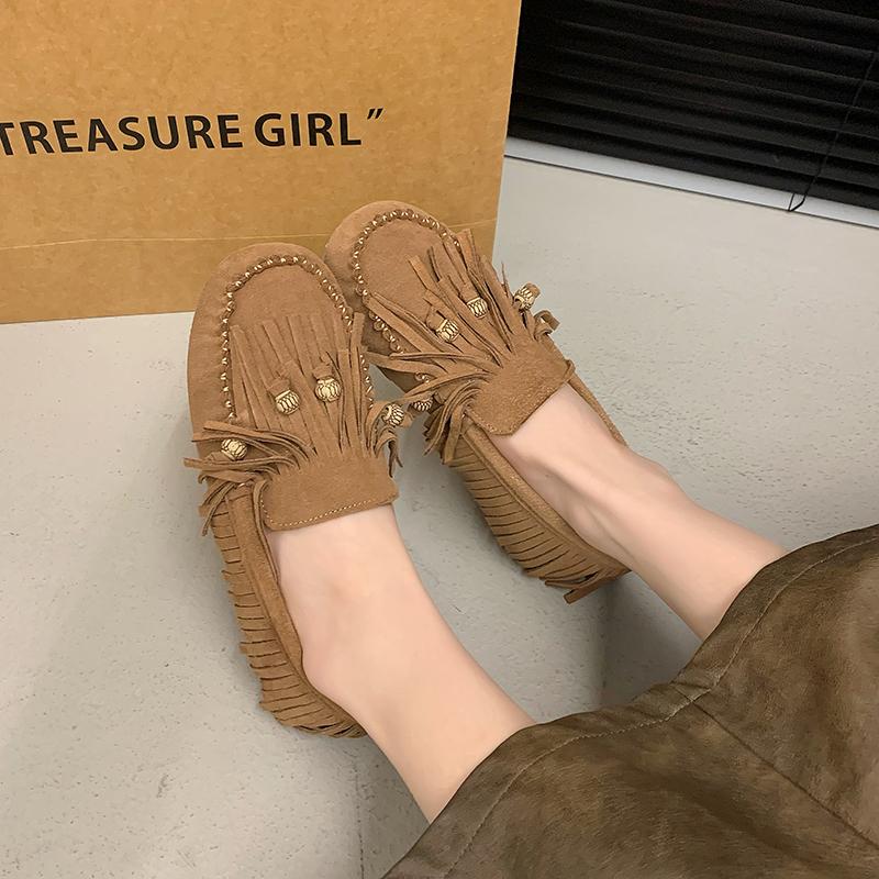 2024 Summer All-match Flat Bean Shoes Slip-on Lazy Women's Shoes Soft Soles Shallow Mouth Retro Tassel Women's Shoes
