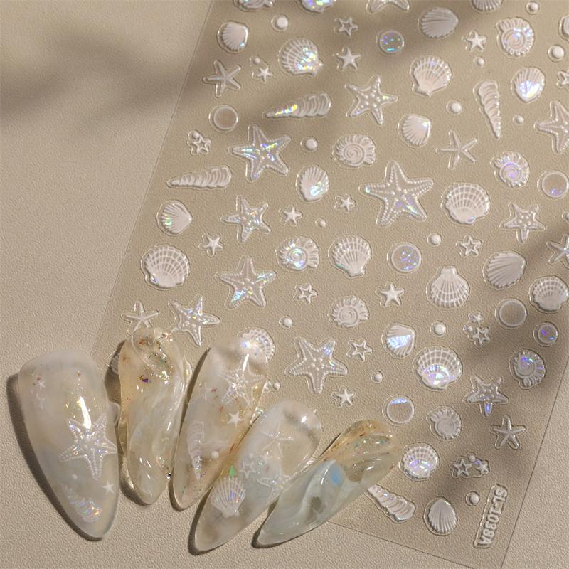 1 лист наклейки для ногтей «Океанская ракушка, медуза», красочная ракушка, раковина, морская звезда, самоклеящаяся наклейка для ногтей, русалка, аврора, пляжная ракушка, слайдер