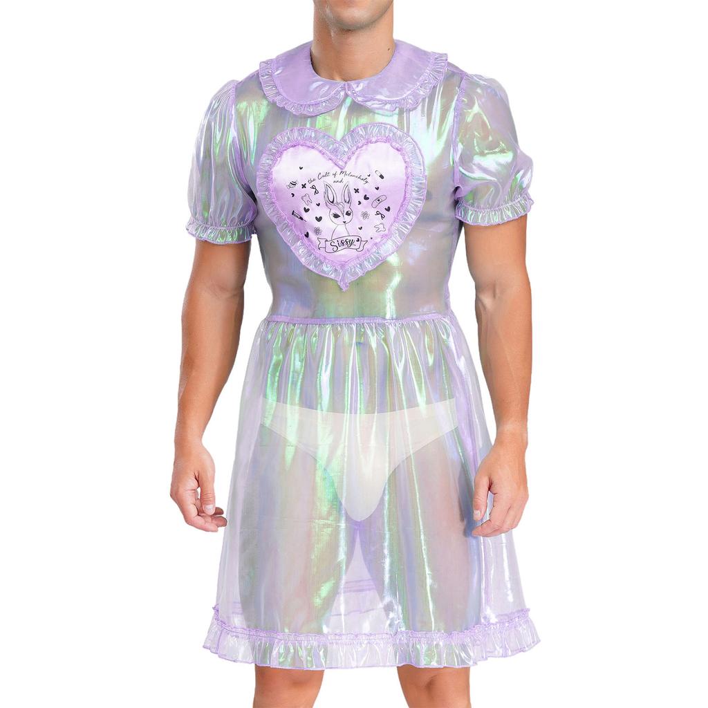 Мужское прозрачное сетчатое платье горничной, милый воротник, рукава-буфы, расклешенное А-силуэта, костюм для кроссдрессинга, клубная ночная одежда