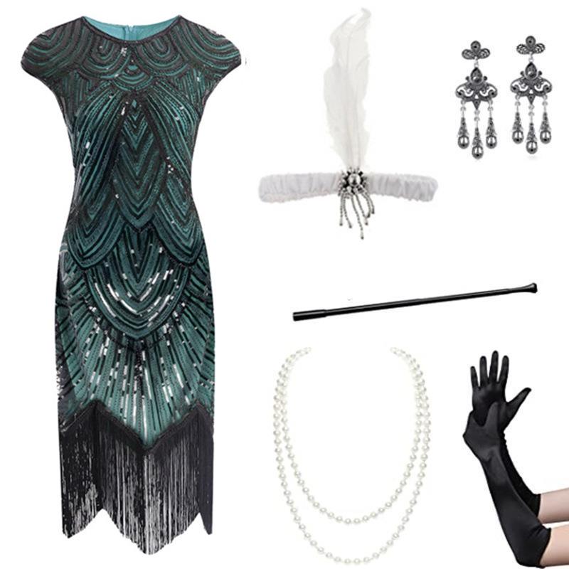 1920s Retro Sequin Flapper Dress with Tassels and Headdress Set