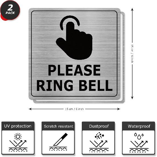 Please Ring Bell Signs 6 × 6 Inches Aluminum Self-Adhesive Waterproof Metal Signage Notice Doorbell Sign for Outdoor Wall Office Gate 2 Pack