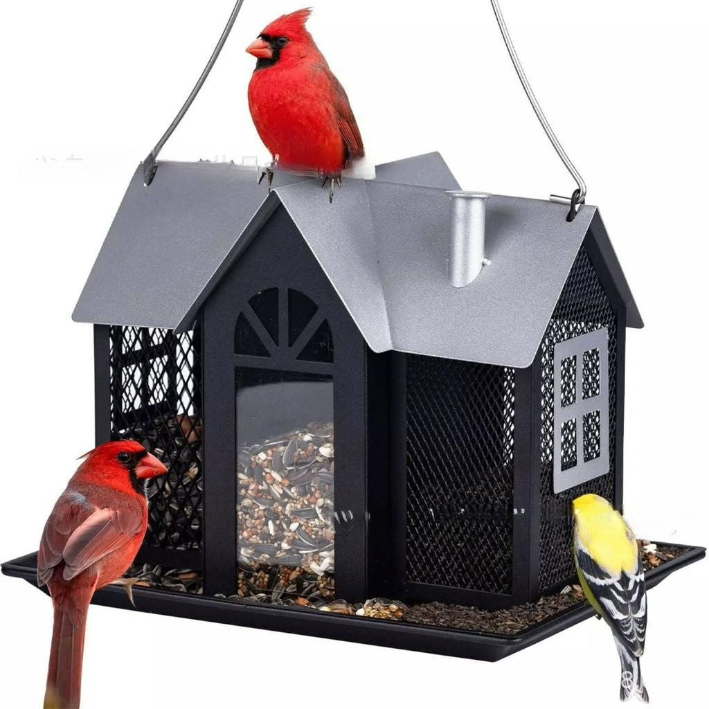 Vibrant Red Metal Bird Feeder House - Triple Feeding Station with Weather-Resistant Design, Attracts Cardinals, Sparrows