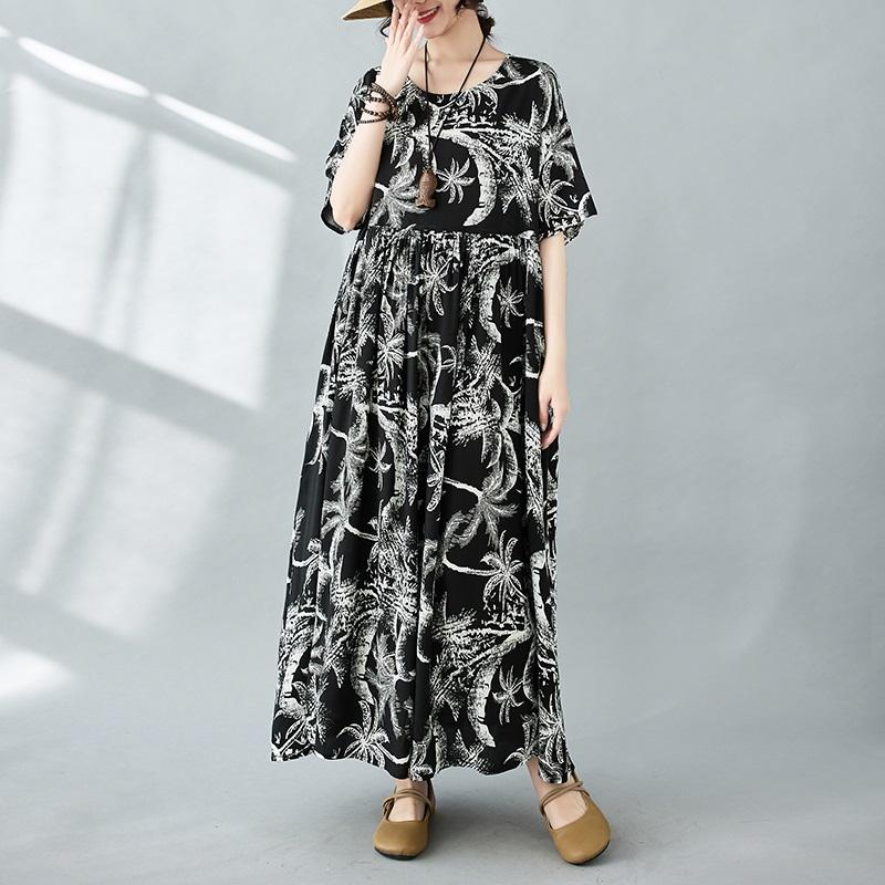 Новые платья из хлопка с короткими рукавами больших размеров и цветочным принтом для женщин, повседневные свободные длинные летние платья