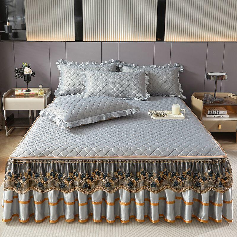 Комплект из 3 предметов для спальни Высококачественная юбка для кровати из хрустального бархата Комплект из трех предметов с толстой кружевной отделкой, стиль корейской принцессы Теплый и нескользящий чехол для матраса