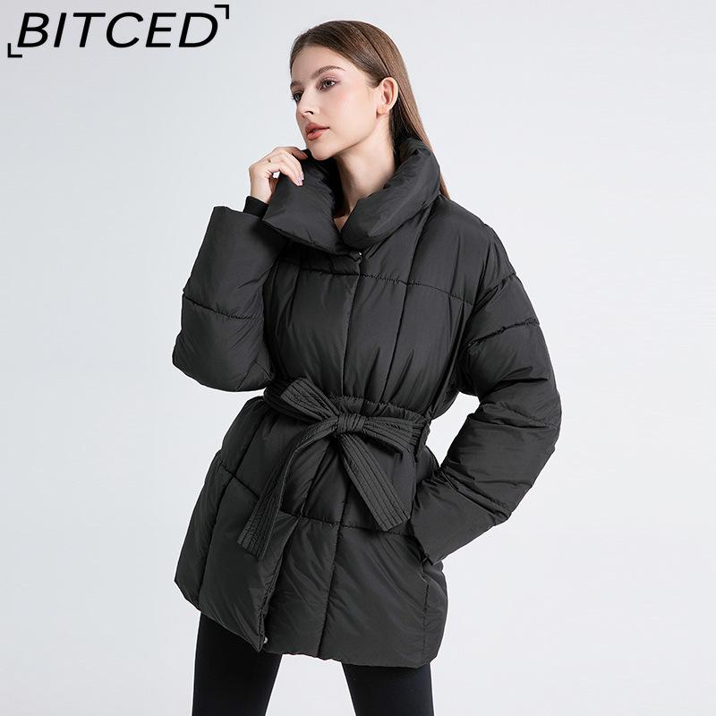 BITCED Укороченная хлопковая куртка Зимняя Свободного кроя Повседневная Теплая Стойка воротник С поясом Хлопковая куртка