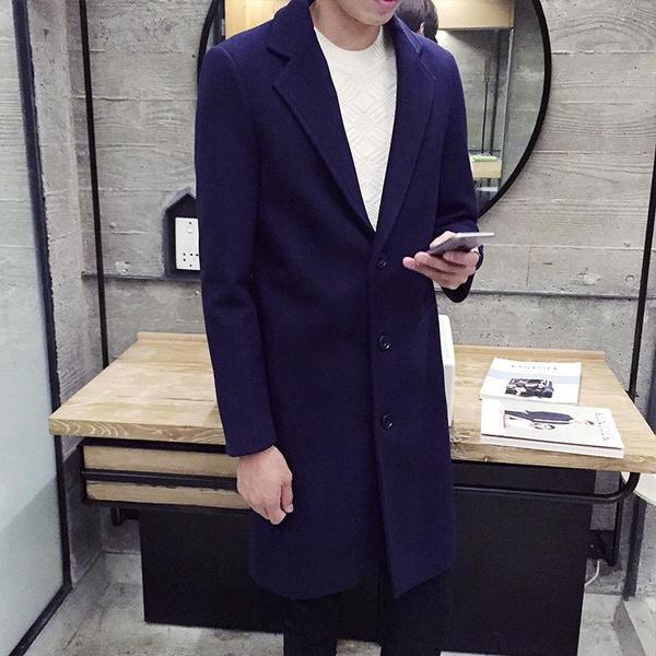 Мужская мода Длинный плащ Флисовая шерстяная куртка Slim Fit Peacoat Пальто