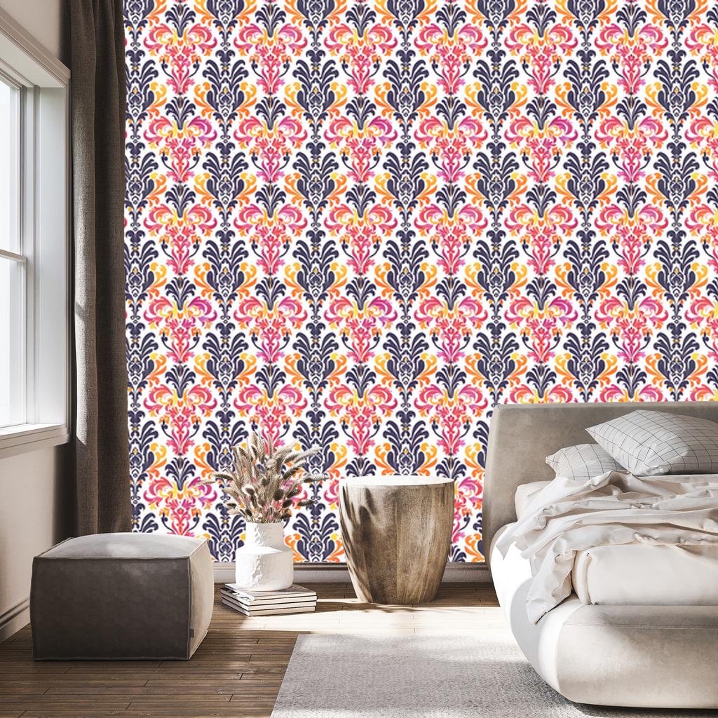 Baroque Damask Wallpaper in Purple and Coral for Living Room and Bedroom 50x1000