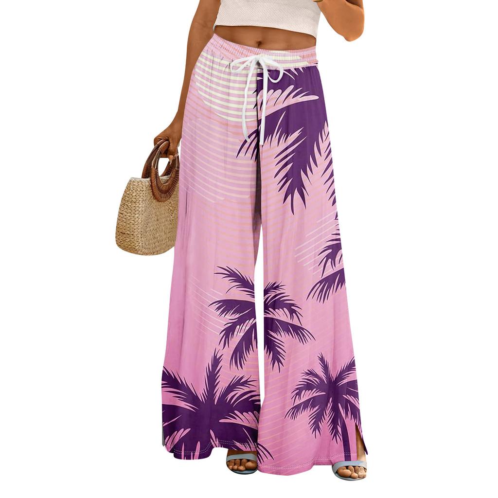 Women Summer Boho Palazzo Pants High Waist Wide Leg Rinting Casual Trousers With Pockets