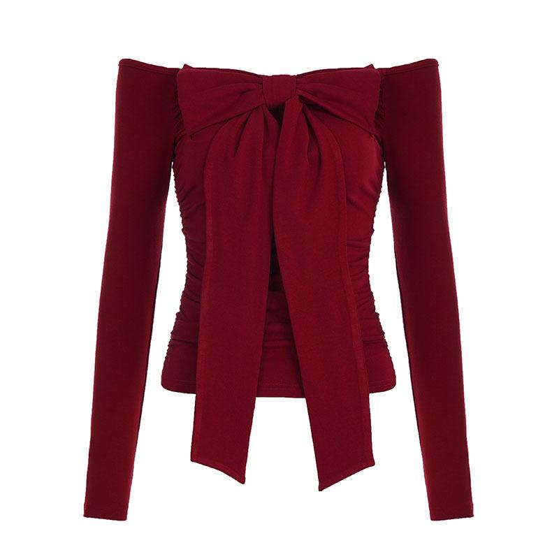 Korean Style Off-the-Shoulder Ruched Bow Top for Autumn/Winter: Trendy Slim Fit Christmas T-Shirt