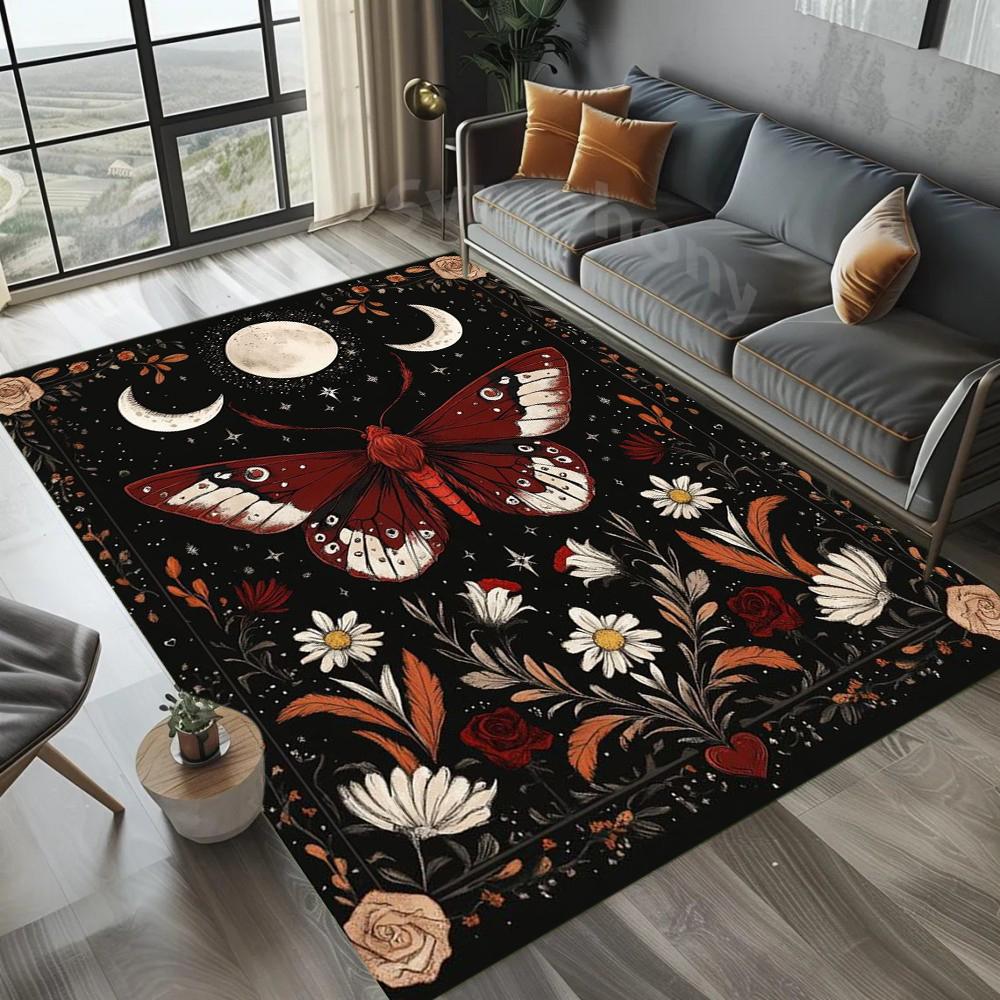 Red Mushroom Butterfly Carpet Starry Moon Rug Mat Home Decoration Mystic Night Pattern Non-Slip Soft Floor Mat for Living Room