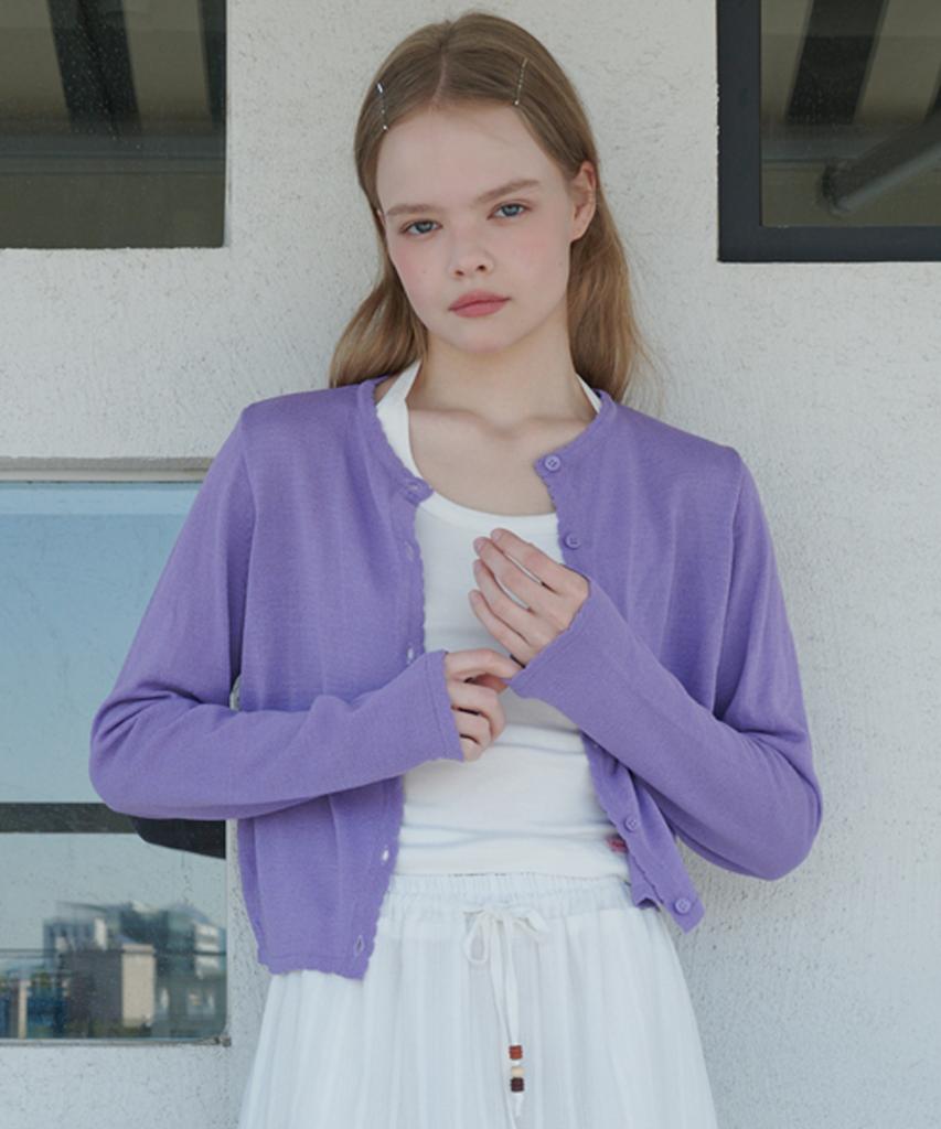 OPENING SUNSHINE Sheer Scallop Linen Cardigan Lavender
