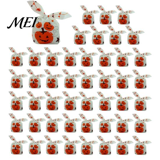 Halloween Souvenir Gift Packaging 48 Pcs Candy Bags, Kids Trick or Treat Goodie Cute Rabbit Transparent Cookie Bags with Drawstrings Ear Small Plastic